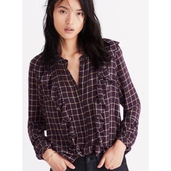 Madewell Wool Blend Purple Metallic Ruffle Front Top Size S EUC!!! - Picture 1 of 5